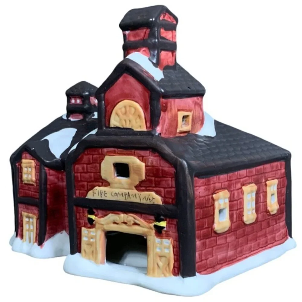 Vintage Christmas Village Light Up Fire House Porcelain Bisque by Liberty Bell